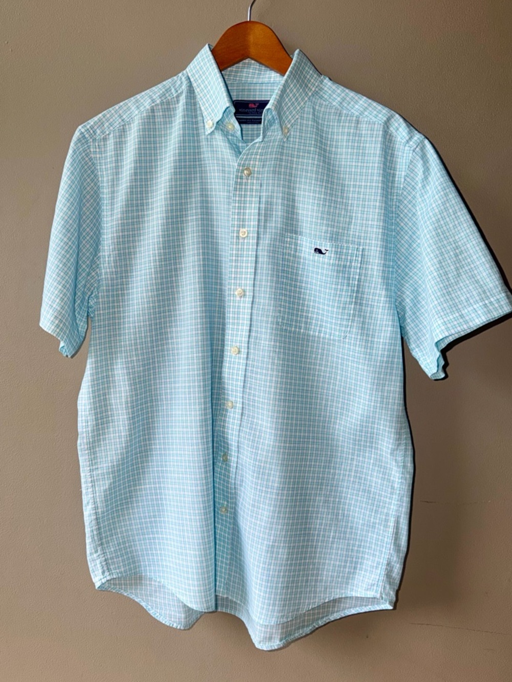 Vineyard Vines Men’s M Classic Fit Tucker Shirt Aqua Check Short Sleeve